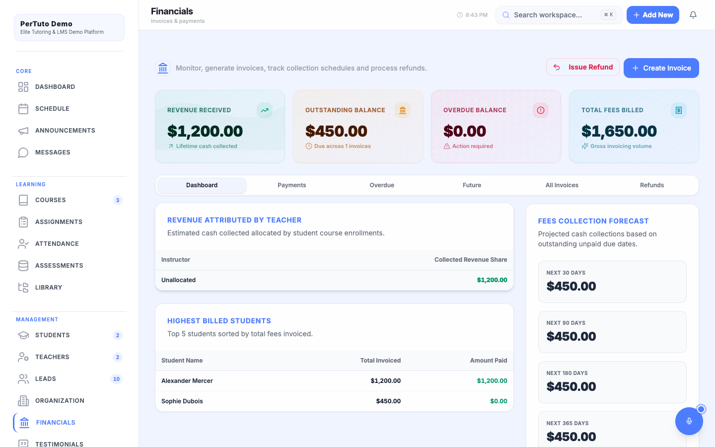 LMS Invoices and Financial Ledger view