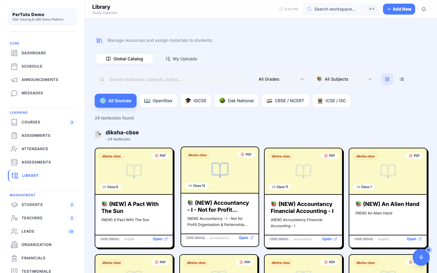 PerTuto LMS Library Hub and Study Materials Catalog