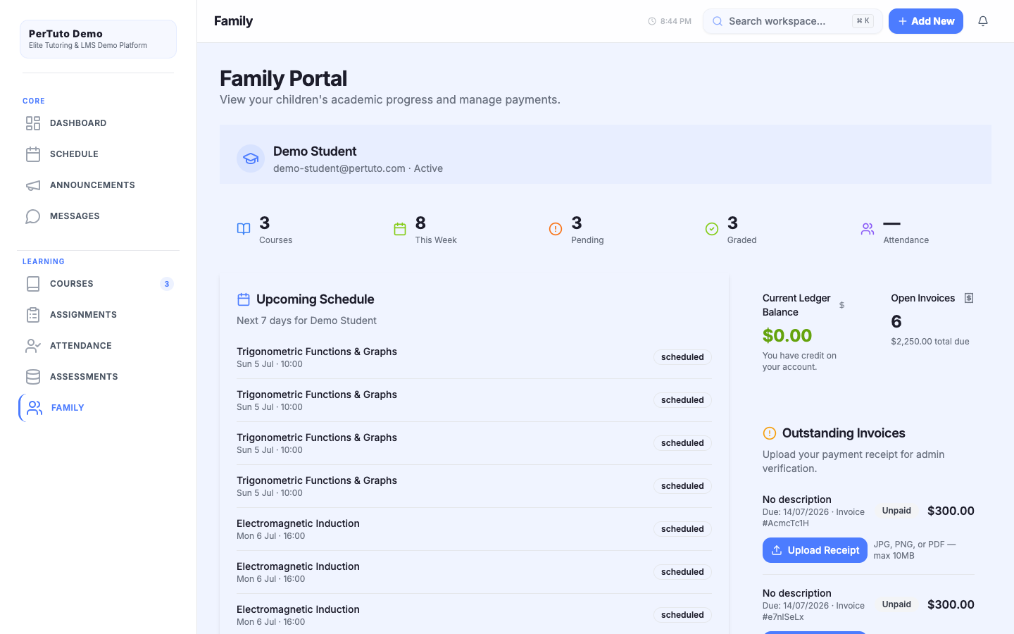 PerTuto parent portal showing student progress report on mobile