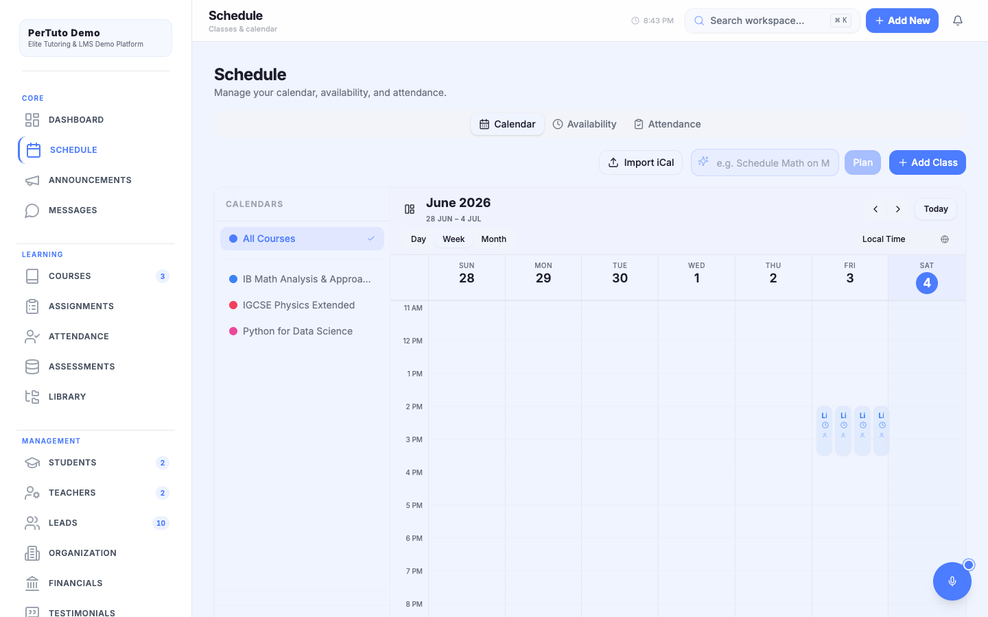 PerTuto LMS Scheduler and Weekly Calendar View