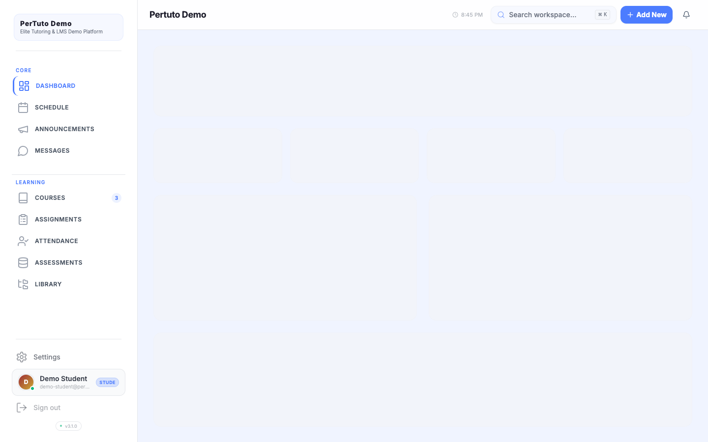 PerTuto Student Dashboard showing course progress tracking and study stats