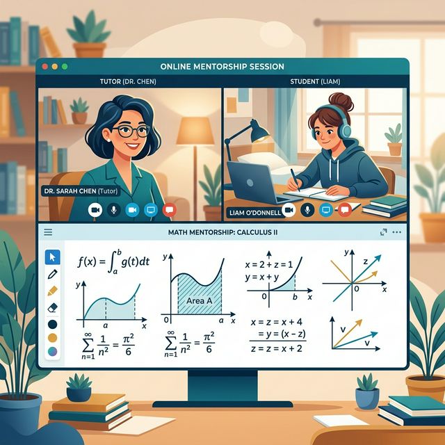 Online mentorship session with shared whiteboard showing calculus