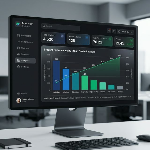 Pareto Analysis Dashboard showing student performance by topic