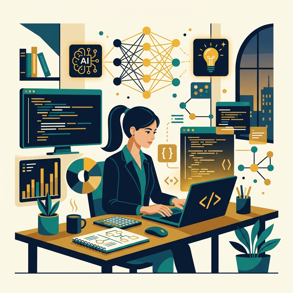 Brand illustration depicting professional upskilling in AI, data science, and modern engineering