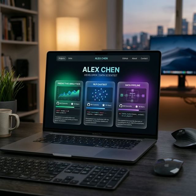 Developer portfolio showcasing project cards and data visualizations