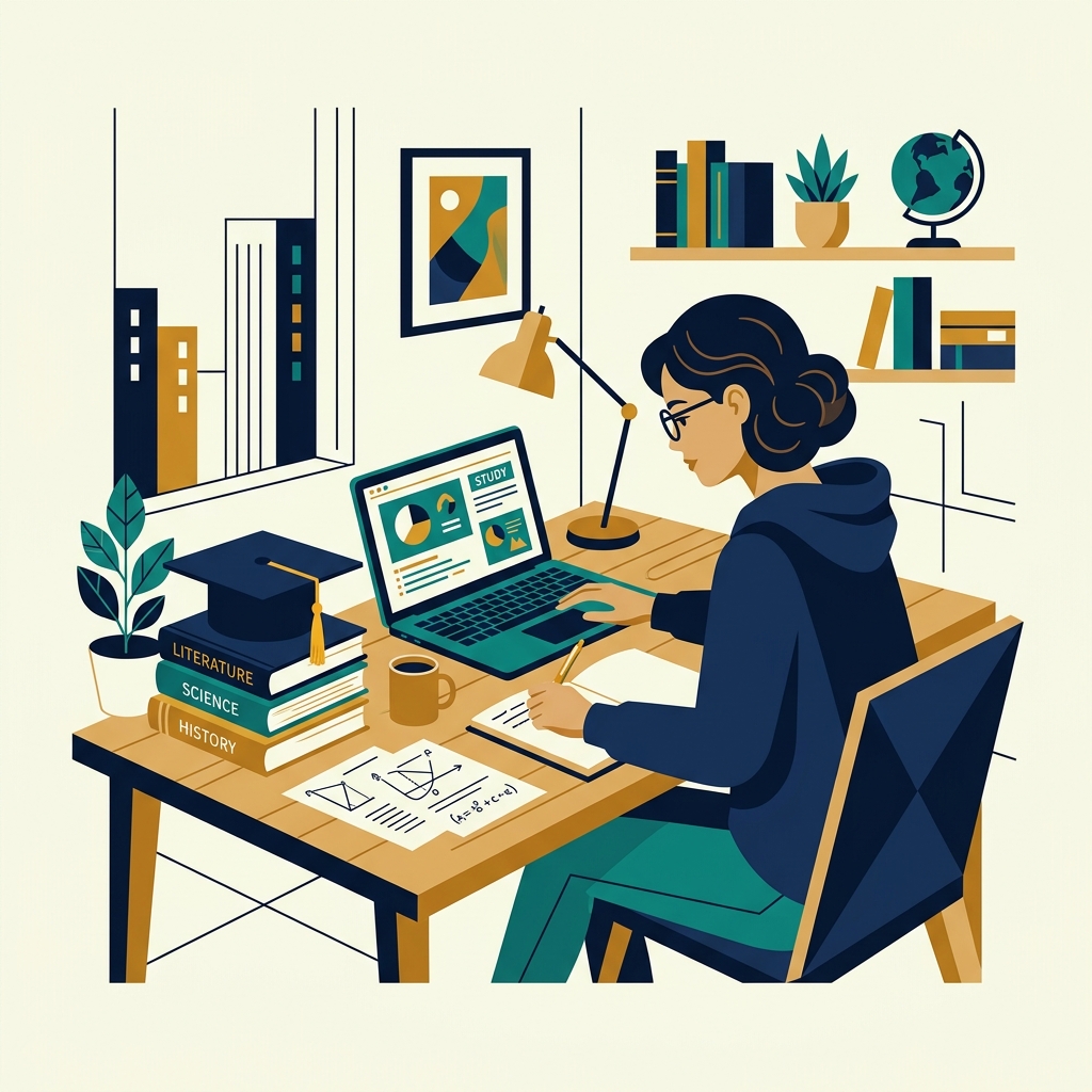 Brand illustration depicting university mentorship, thesis guidance, and academic coaching
